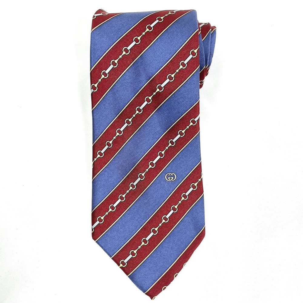 GUCCI 100% Silk Tie Red Blue Diagonal Stripe Gold Silver Chain Horsebit Italy - Picture 9 of 11